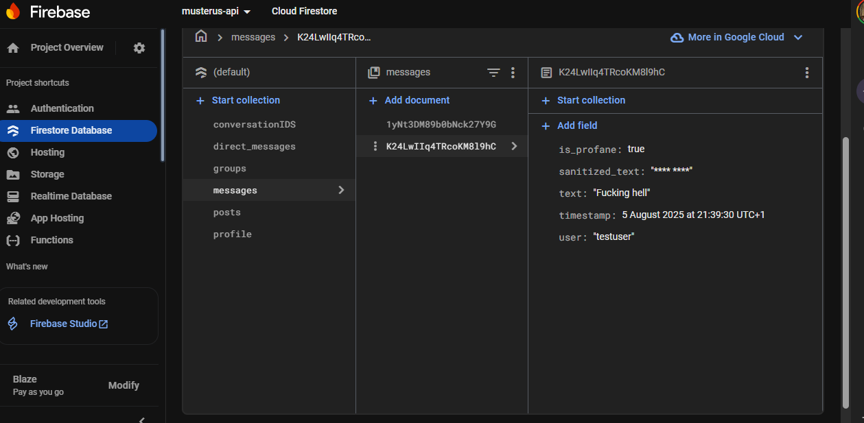 Firestore document showing sanitized_text and is_profane fields after function execution